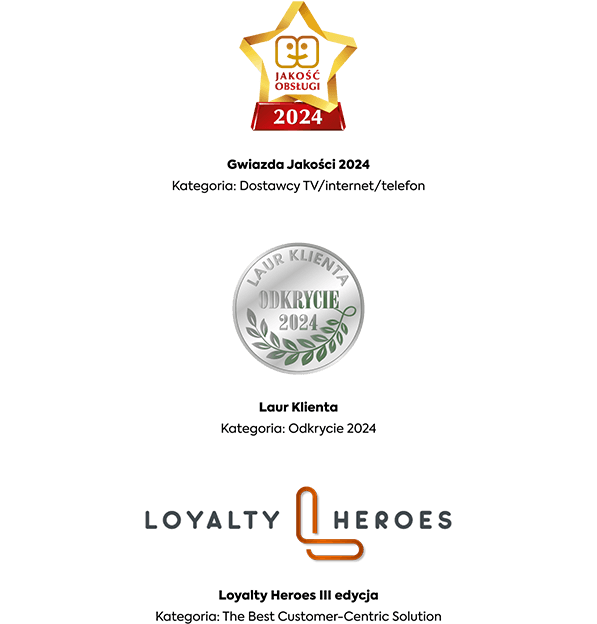 Nagrody otrzymane przez INEA: Gwiazda Jakości 2024, Laur Klienta, Loyalty Heroes