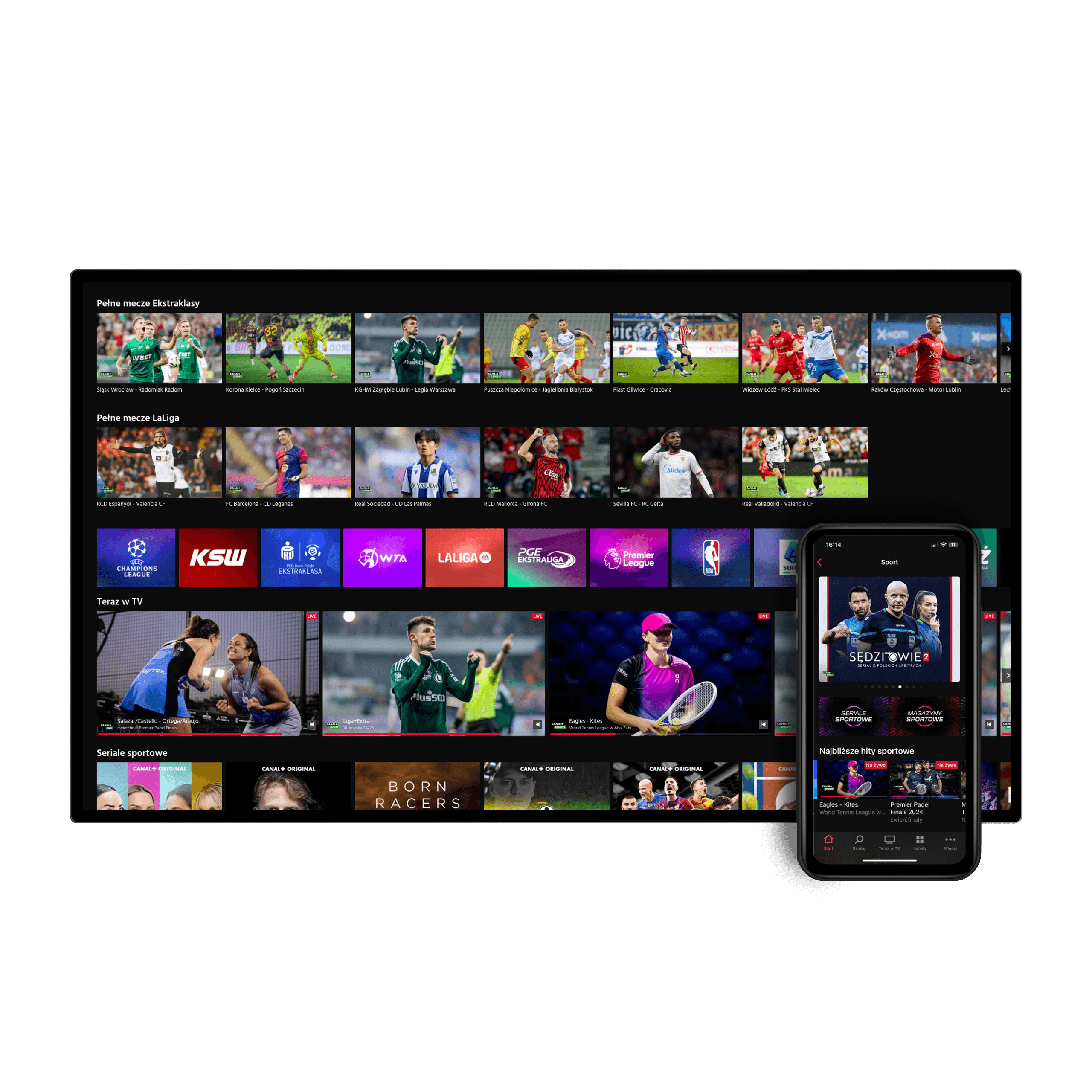 kolaż laptopa i telefonu na którym pokazane są rozgrywki sportowe