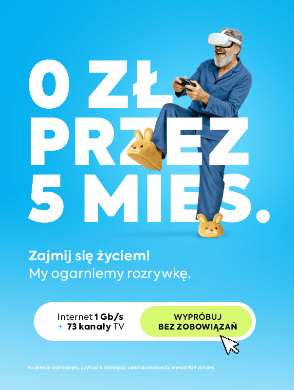 Baner z napisem: 0 zł przez 5 miesięcy, Internet 1 Gb/s + 73 kanały TY - wypróbuj bez zobowiązań