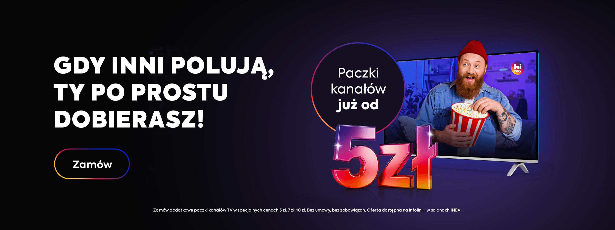 Baner informujący o możliwości dokupienia paczek TV już od 5 zł