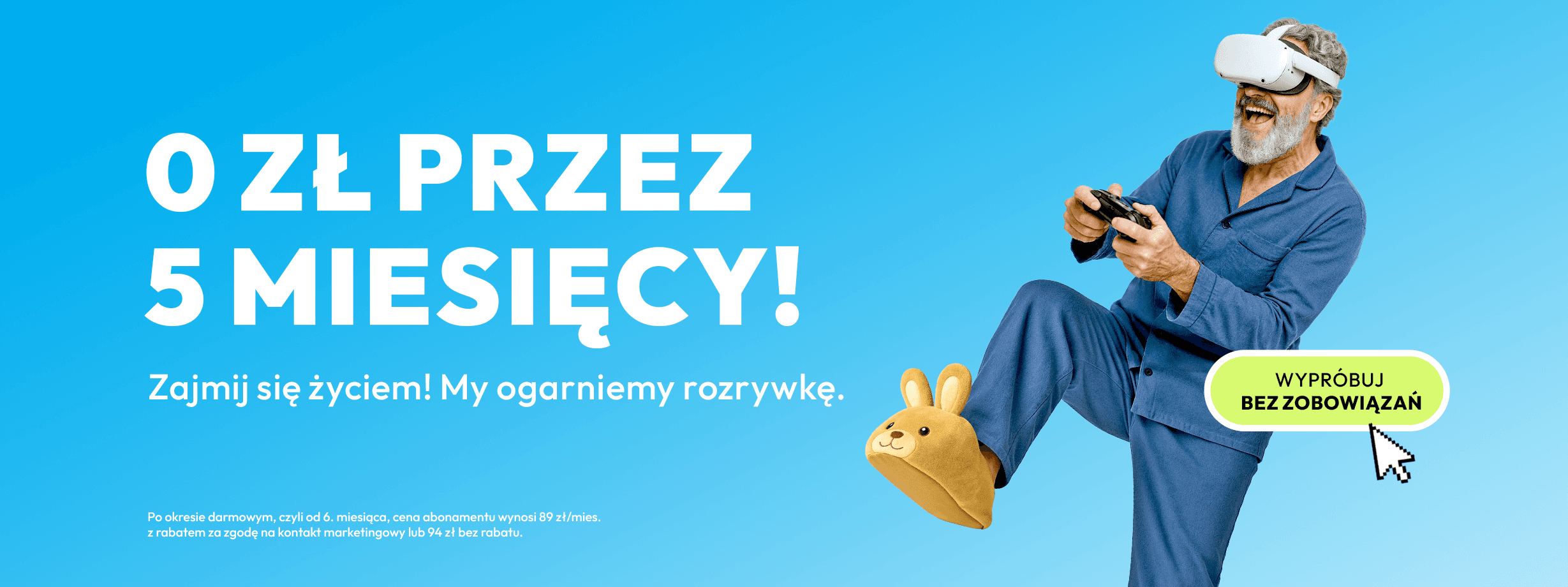 Baner z napisem: 0 zł przez 5 miesięcy, Internet 1 Gb/s + 73 kanały TY - wypróbuj bez zobowiązań