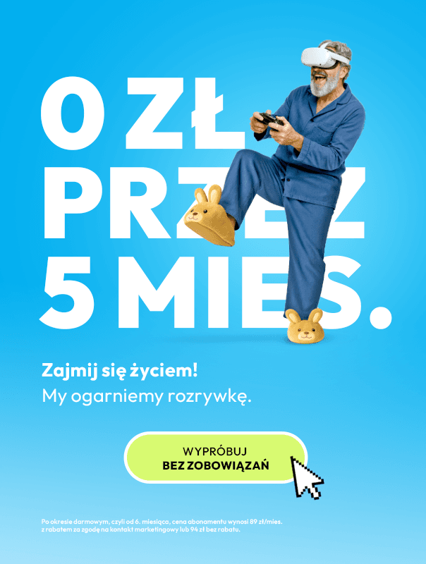 Baner z napisem: 0 zł przez 5 miesięcy, Internet 1 Gb/s + 73 kanały TY - wypróbuj bez zobowiązań