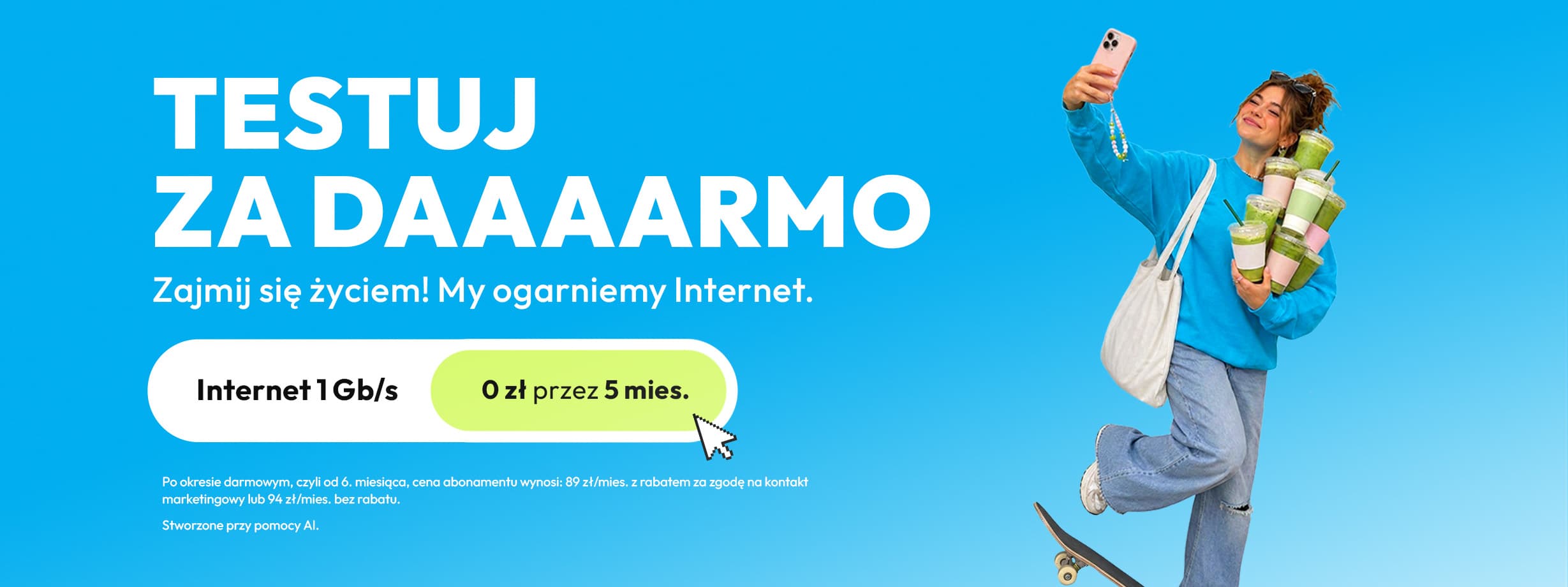 Baner promujący ofertę na Internet, który można przetestować przez 5 miesięcy