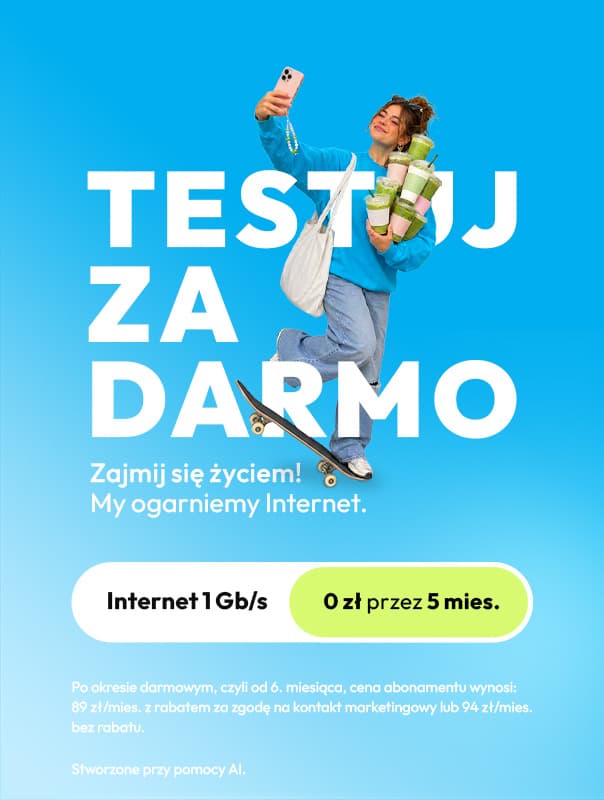 Baner promujący ofertę na Internet, który można przetestować przez 5 miesięcy